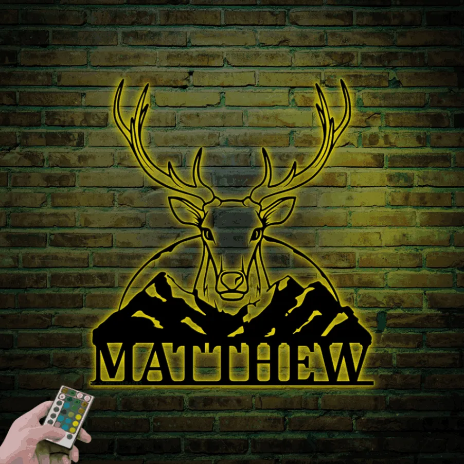 Deer Head Sign With Led Lights, Deer Antler Decor, Deer Hunter Gift, Deer Camp Sign, Personalized Deer Name Metal Sign, Fathers Day Gift