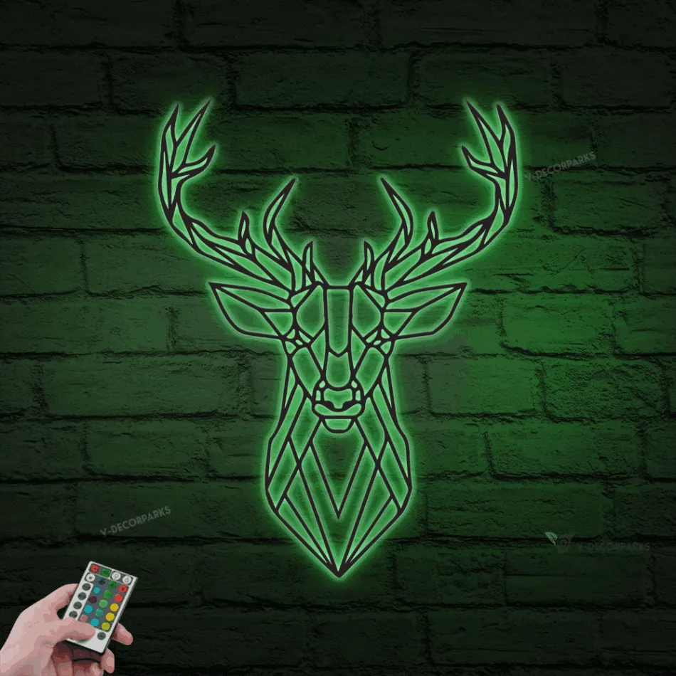Deer Head Geometric Metal Wall With Led Lights, Buck Head Metal Wall Art, Wilderness Decor, Gift For Hunter, Cabin Decor, Office Metal, Modern Animal