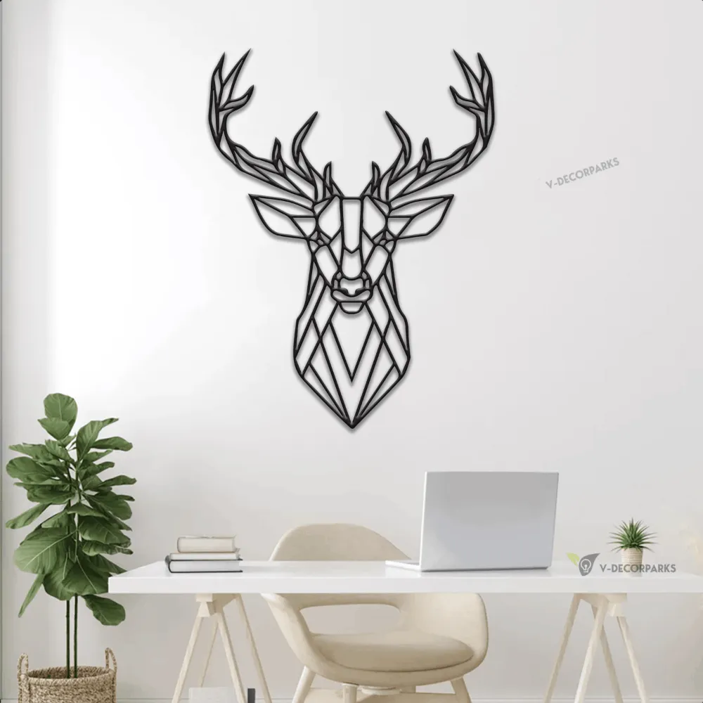 Deer Head Geometric Metal Wall With Led Lights, Buck Head Metal Wall Art, Wilderness Decor, Gift For Hunter, Cabin Decor, Office Metal, Modern Animal