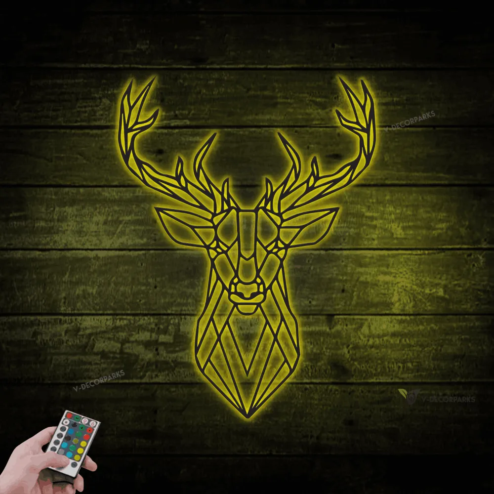 Deer Head Geometric Metal Wall With Led Lights, Buck Head Metal Wall Art, Wilderness Decor, Gift For Hunter, Cabin Decor, Office Metal, Modern Animal