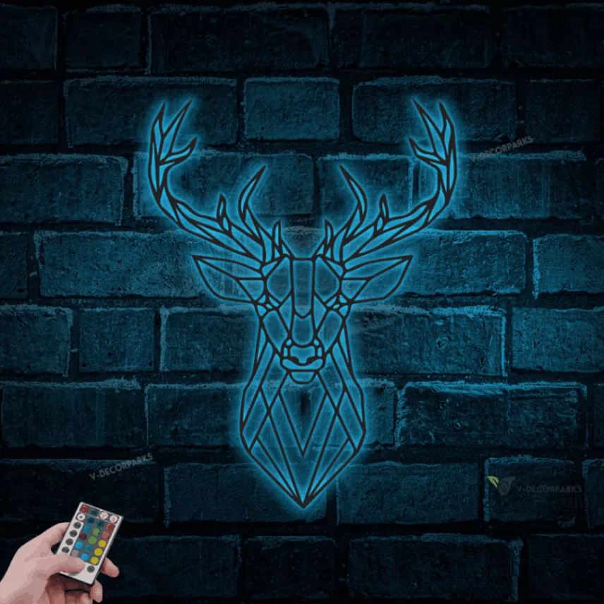 Deer Head Geometric Metal Wall With Led Lights, Buck Head Metal Wall Art, Wilderness Decor, Gift For Hunter, Cabin Decor, Office Metal, Modern Animal