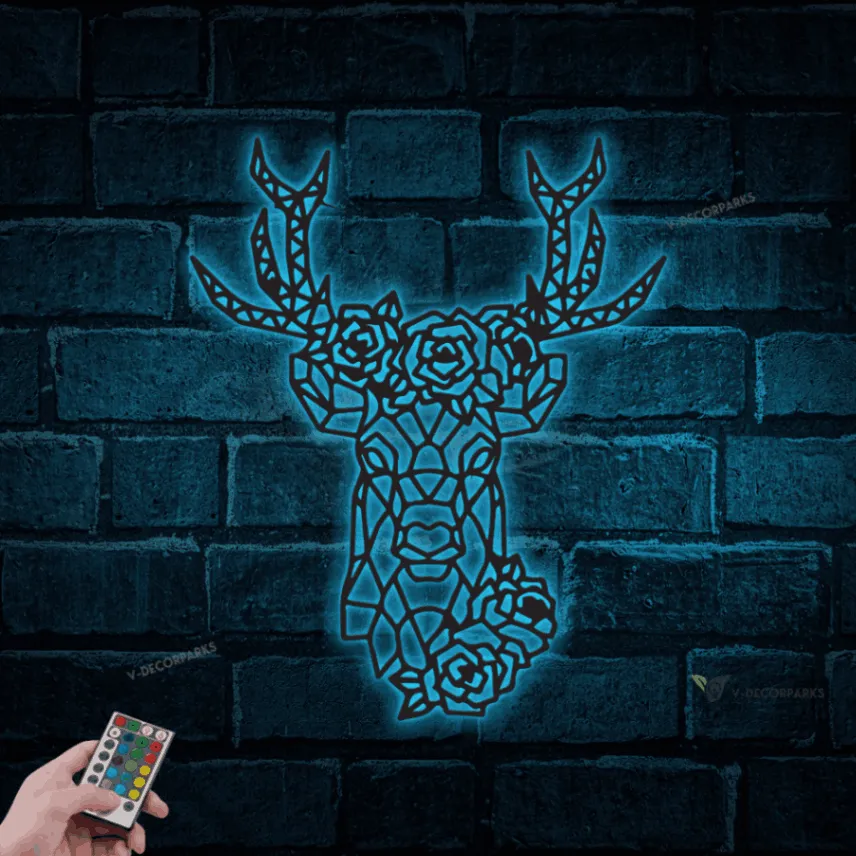 Deer Head Geometric Metal Wall With Led Lights, Flower Buck Head Wall Art, Floral Deer Head, Gift For Hunter, Cabin Decor, Home Decor, Modern Animal