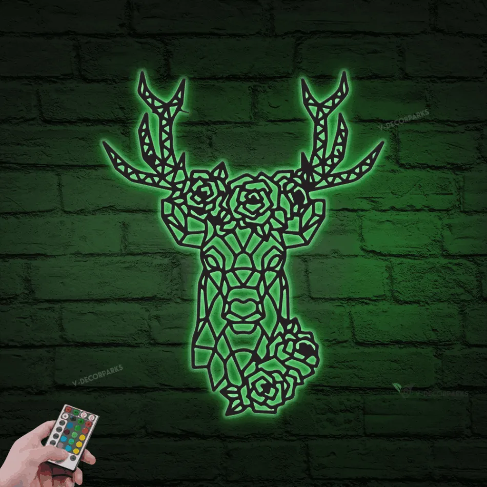 Deer Head Geometric Metal Wall With Led Lights, Flower Buck Head Wall Art, Floral Deer Head, Gift For Hunter, Cabin Decor, Home Decor, Modern Animal
