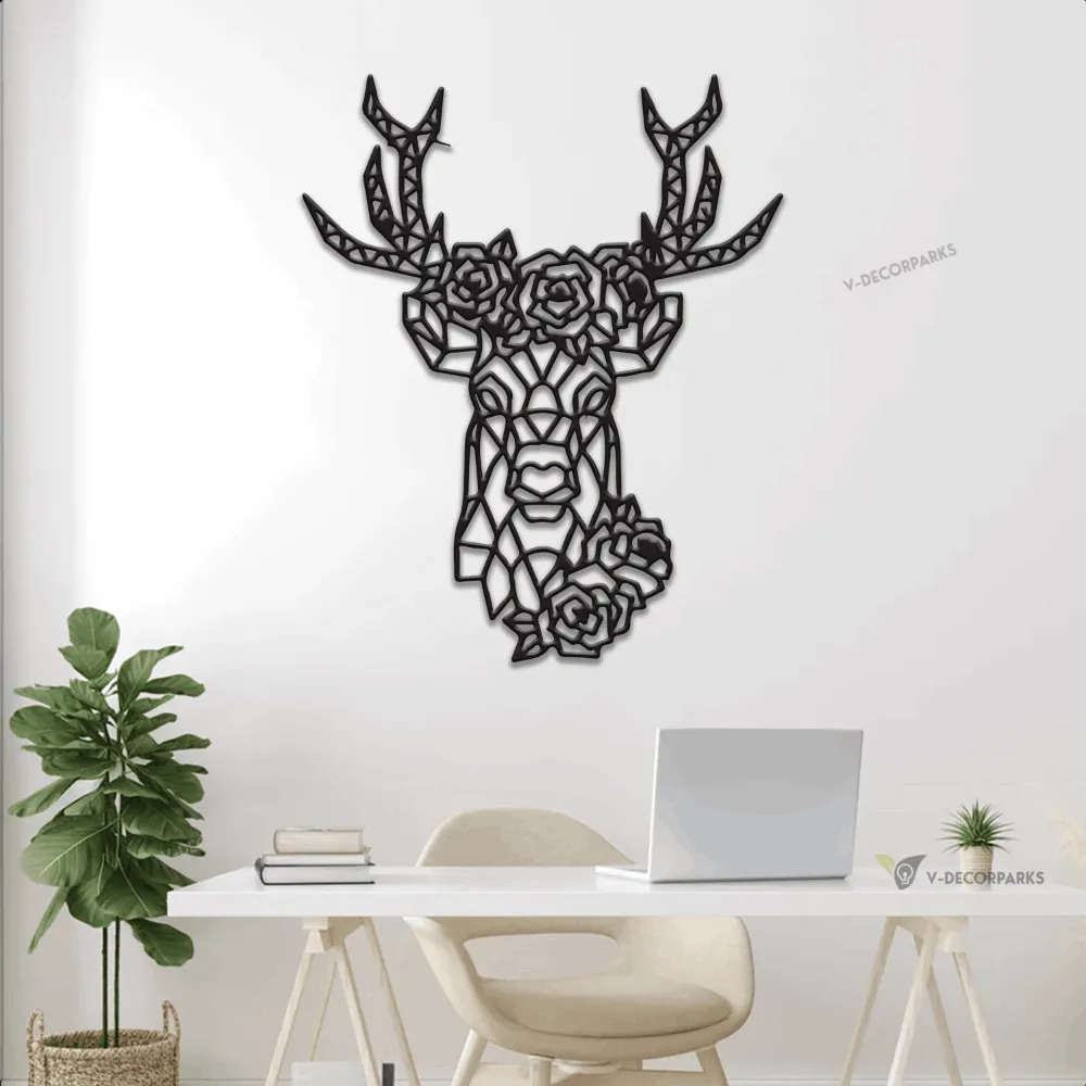 Deer Head Geometric Metal Wall With Led Lights, Flower Buck Head Wall Art, Floral Deer Head, Gift For Hunter, Cabin Decor, Home Decor, Modern Animal