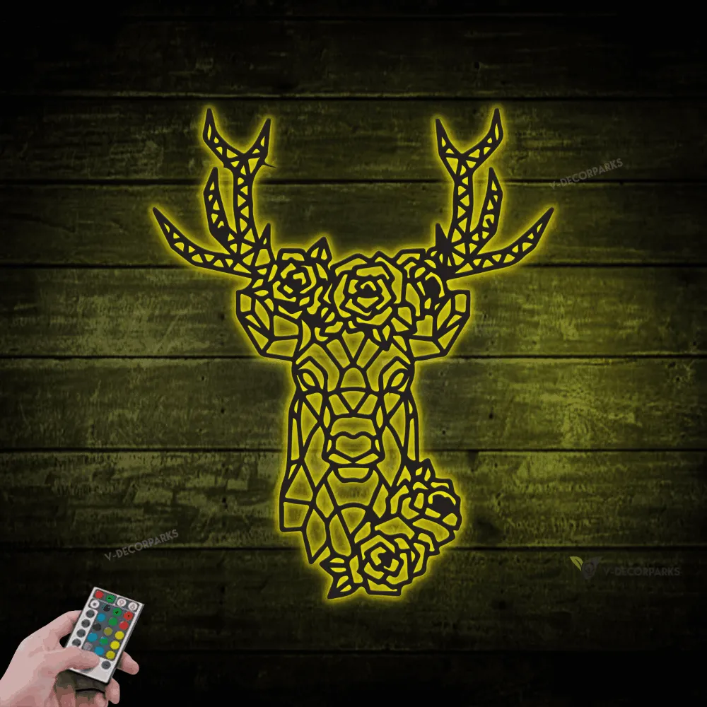 Deer Head Geometric Metal Wall With Led Lights, Flower Buck Head Wall Art, Floral Deer Head, Gift For Hunter, Cabin Decor, Home Decor, Modern Animal