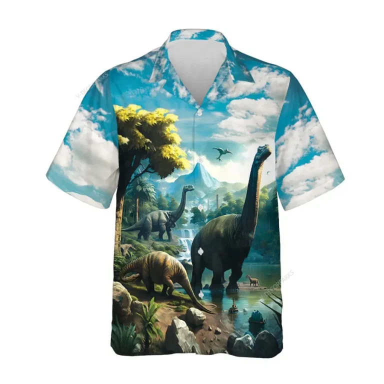 Tropical Dinosaur 3d Hawaiian Shirts For Men Women, Dinosaur Summer Beach Shirt, Dinosaur Island Button Down Short Sleeve Shirts, Summer Aloha Shirts