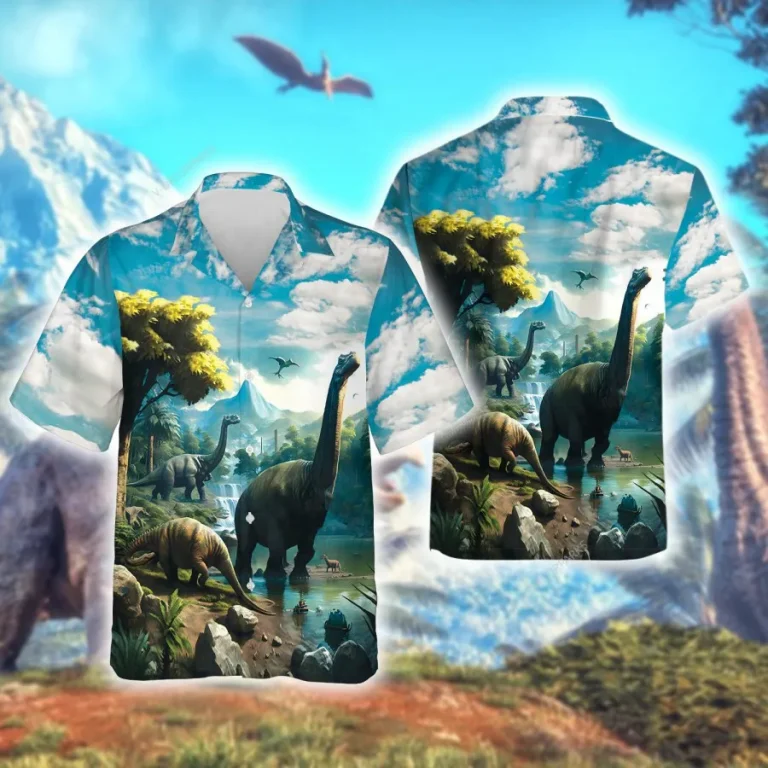 Tropical Dinosaur 3d Hawaiian Shirts For Men Women, Dinosaur Summer Beach Shirt, Dinosaur Island Button Down Short Sleeve Shirts, Summer Aloha Shirts