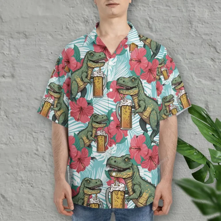 Dinosaur Drinks Beer Hawaiian Shirts For Men Women, Dinosaur Summer Beach Shirt, Dinosaur Hibiscus Button Down Short Sleeve Shirts, Summer Aloha Shirt