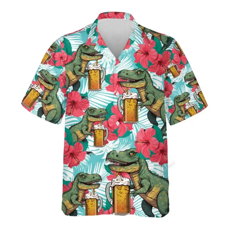 Dinosaur Drinks Beer Hawaiian Shirts For Men Women, Dinosaur Summer Beach Shirt, Dinosaur Hibiscus Button Down Short Sleeve Shirts, Summer Aloha Shirt