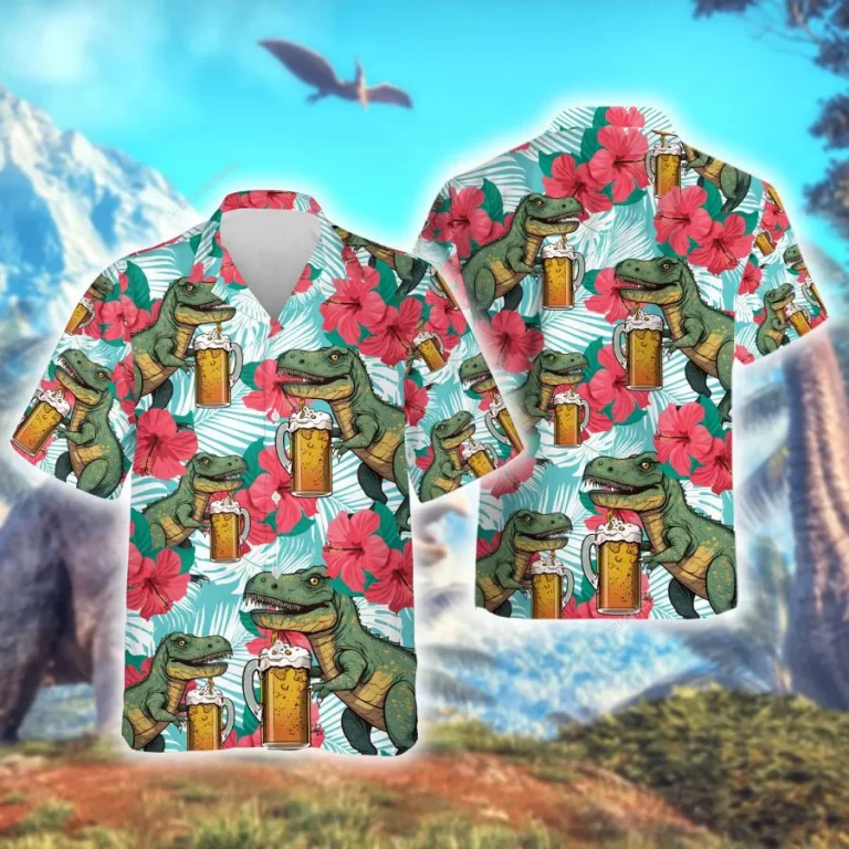 Dinosaur Drinks Beer Hawaiian Shirts For Men Women, Dinosaur Summer Beach Shirt, Dinosaur Hibiscus Button Down Short Sleeve Shirts, Summer Aloha Shirt