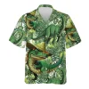 Tropical Dinosaur Hawaiian Shirts For Men Women, Dinosaur Summer Beach Shirts, Fern Leaves Button Down Short Sleeve Shirts, Summer Aloha Shirts