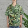 Tropical Dinosaur Hawaiian Shirts For Men Women, Dinosaur Summer Beach Shirts, Fern Leaves Button Down Short Sleeve Shirts, Summer Aloha Shirts