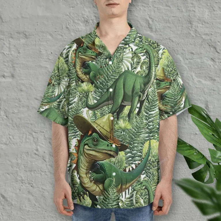 Tropical Dinosaur Hawaiian Shirts For Men Women, Dinosaur Summer Beach Shirts, Fern Leaves Button Down Short Sleeve Shirts, Summer Aloha Shirts