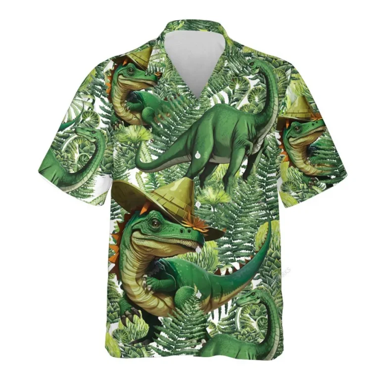 Tropical Dinosaur Hawaiian Shirts For Men Women, Dinosaur Summer Beach Shirts, Fern Leaves Button Down Short Sleeve Shirts, Summer Aloha Shirts