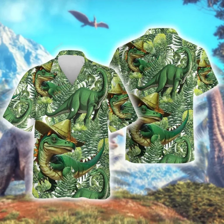 Tropical Dinosaur Hawaiian Shirts For Men Women, Dinosaur Summer Beach Shirts, Fern Leaves Button Down Short Sleeve Shirts, Summer Aloha Shirts