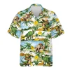 Dinosaur Drinking Beer Hawaiian Shirts For Men Women, Dinosaur Summer Beach Shirts, Tropical Leaves Button Down Short Sleeve Shirt, Summer Aloha Shirt