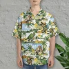 Dinosaur Drinking Beer Hawaiian Shirts For Men Women, Dinosaur Summer Beach Shirts, Tropical Leaves Button Down Short Sleeve Shirt, Summer Aloha Shirt