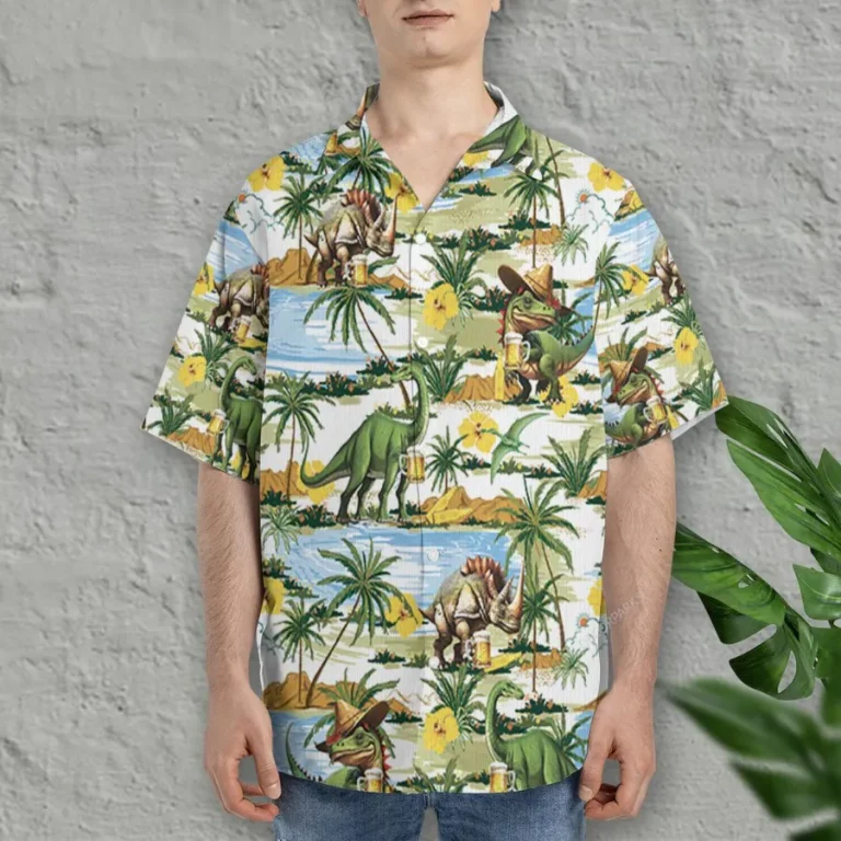 Dinosaur Drinking Beer Hawaiian Shirts For Men Women, Dinosaur Summer Beach Shirts, Tropical Leaves Button Down Short Sleeve Shirt, Summer Aloha Shirt