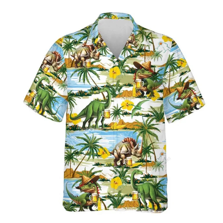 Dinosaur Drinking Beer Hawaiian Shirts For Men Women, Dinosaur Summer Beach Shirts, Tropical Leaves Button Down Short Sleeve Shirt, Summer Aloha Shirt