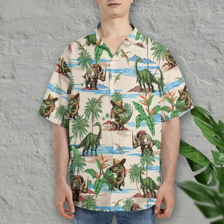 Tropical Dinosaur Hawaiian Shirts For Men Women, Dinosaur Summer Beach Shirts, Tropical Leaves Button Down Short Sleeve Shirt, Summer Aloha Shirt
