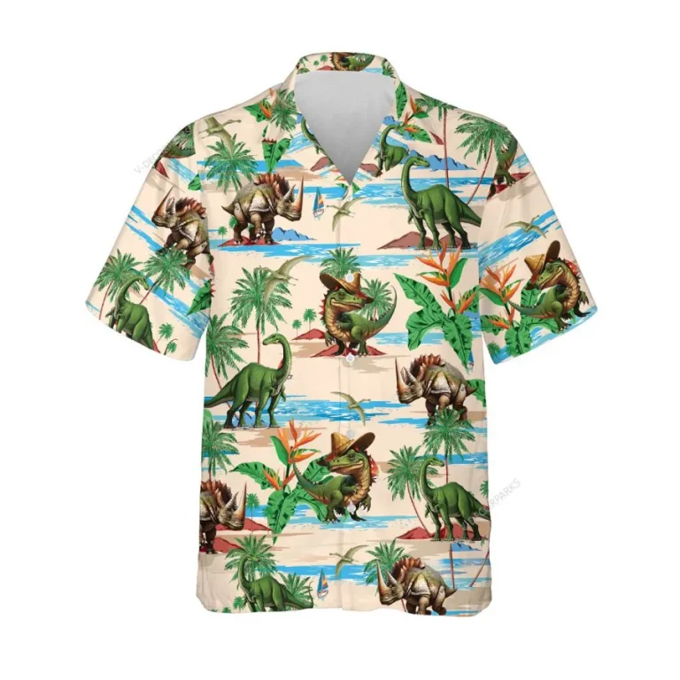 Tropical Dinosaur Hawaiian Shirts For Men Women, Dinosaur Summer Beach Shirts, Tropical Leaves Button Down Short Sleeve Shirt, Summer Aloha Shirt