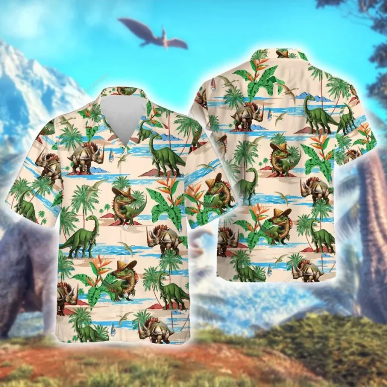 Tropical Dinosaur Hawaiian Shirts For Men Women, Dinosaur Summer Beach Shirts, Tropical Leaves Button Down Short Sleeve Shirt, Summer Aloha Shirt