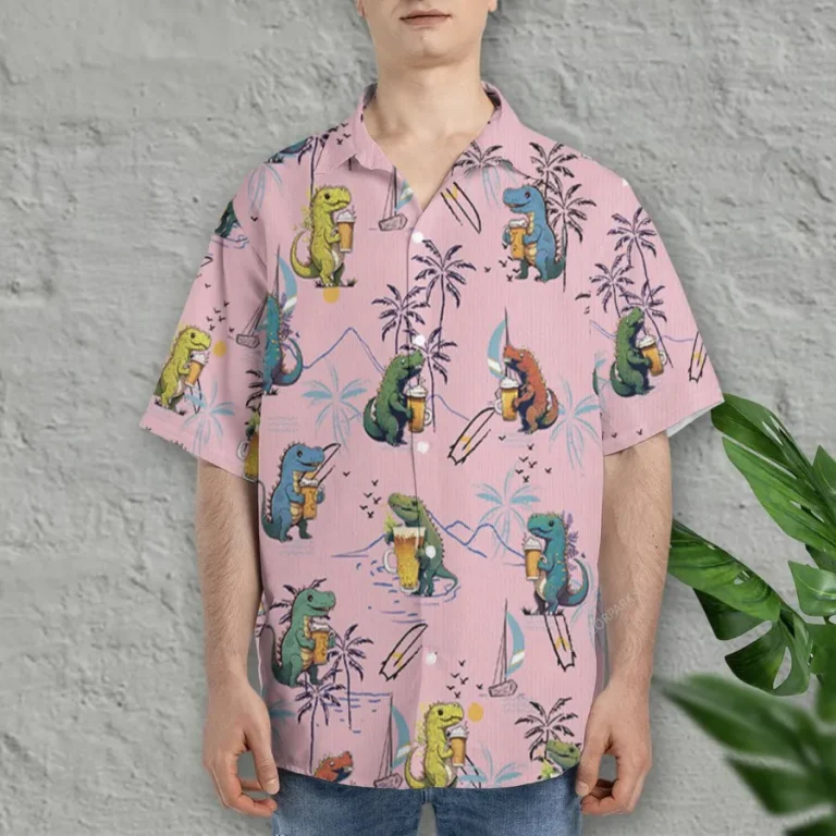 Cute Dinosaur Drinking Beer Hawaiian Shirts For Men Women, Dinosaur Summer Beach Shirts, Tropical Button Down Short Sleeve Shirt, Summer Aloha Shirt