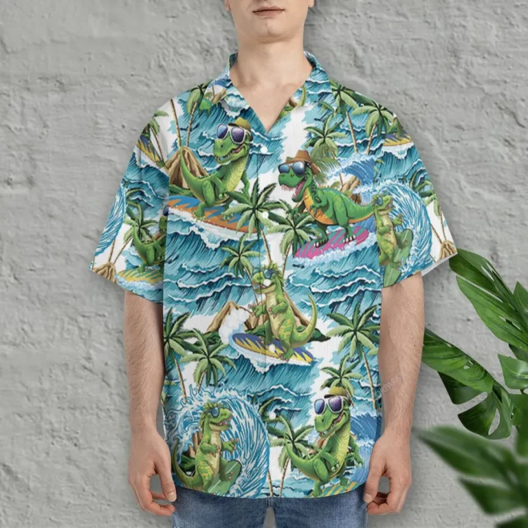 Dinosaur Surfing Hawaiian Shirts For Men Women, Funny Dinosaur Summer Beach Shirts, Tropical Button Down Short Sleeve Shirts, Summer Aloha Shirts
