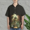 Funny Dinosaur Playing Guitar Hawaiian Shirts For Men Women, Dinosaur Summer Beach Shirt, Tropical Button Down Short Sleeve Shirts, Summer Aloha Shirt