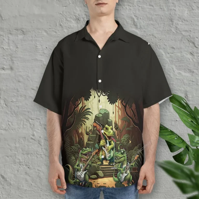 Funny Dinosaur Playing Guitar Hawaiian Shirts For Men Women, Dinosaur Summer Beach Shirt, Tropical Button Down Short Sleeve Shirts, Summer Aloha Shirt