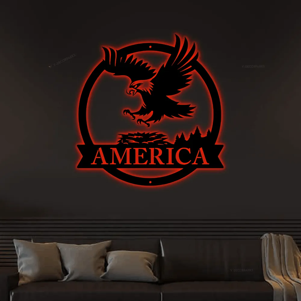 Eagle's Nest Metal Sign With Led Lights, - Metal Wall Art Decor - Eagle Nest Monogram, Eagle Decor, Usa Steel