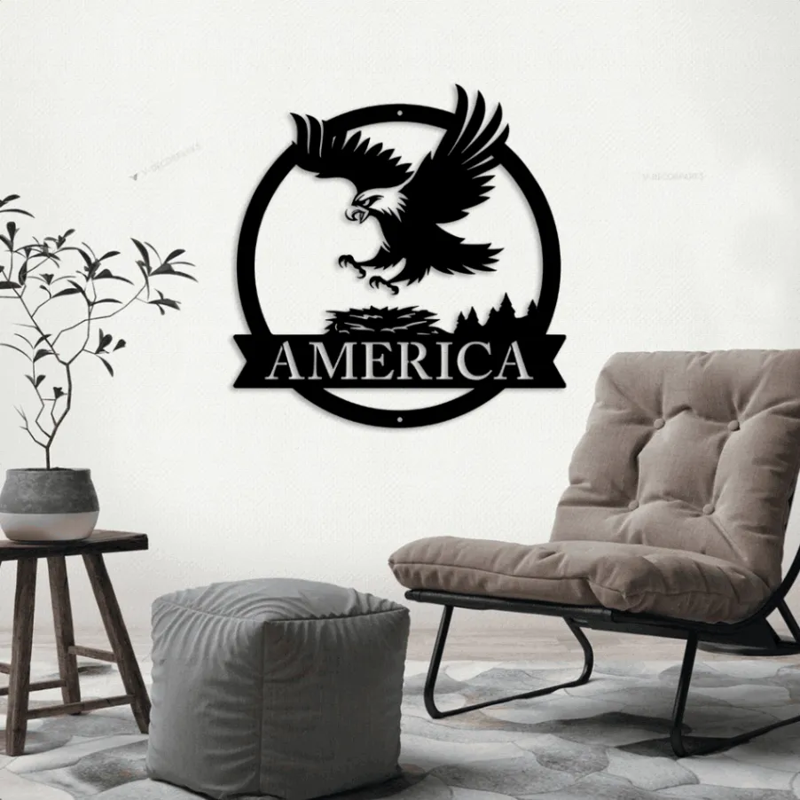Eagle's Nest Metal Sign With Led Lights, - Metal Wall Art Decor - Eagle Nest Monogram, Eagle Decor, Usa Steel