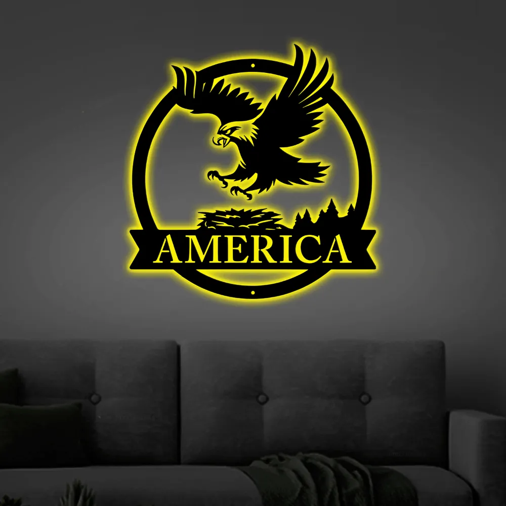 Eagle's Nest Metal Sign With Led Lights, - Metal Wall Art Decor - Eagle Nest Monogram, Eagle Decor, Usa Steel