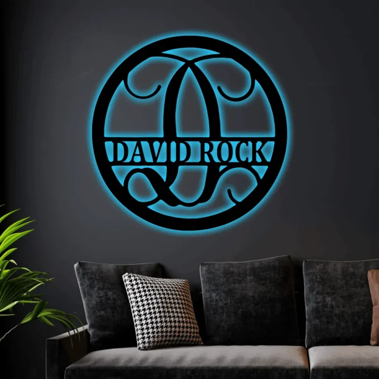 Family Name Metal Sign Led Lights, Monogram Wall Art Personalized Round ...
