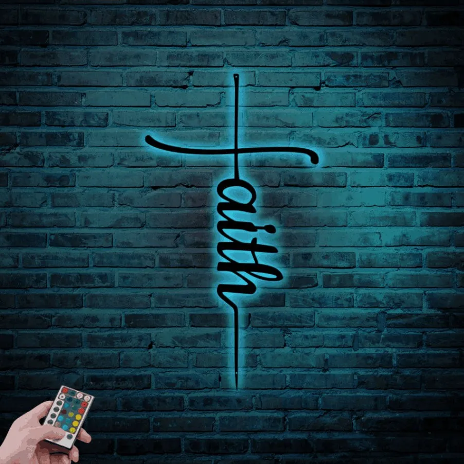 Faith Metal Wall Art With Led Lights, Faith Cross Metal Sign, Christian Wall Art, Cross Wall Decor, Religious Gift For Christian, Faith Metal Art