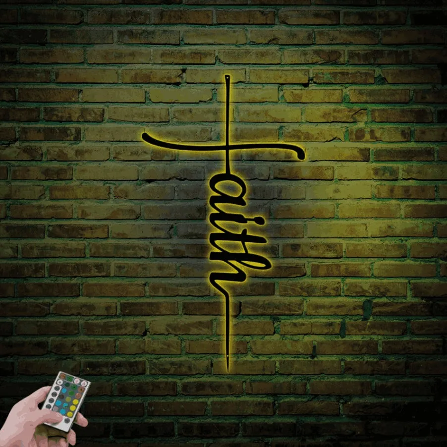 Faith Metal Wall Art With Led Lights, Faith Cross Metal Sign, Christian Wall Art, Cross Wall Decor, Religious Gift For Christian, Faith Metal Art