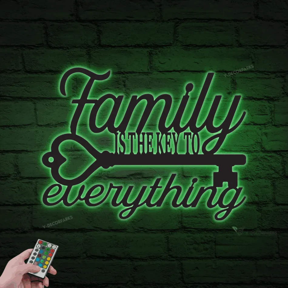 Family Is The Key To Everything, Custom Metal Sign With Led Lights, Metal Monogram, House Warming Gift, Metal Word Wall Art, Wall Decor, Family Sign