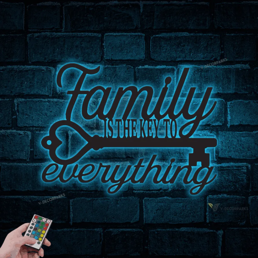Family Is The Key To Everything, Custom Metal Sign With Led Lights, Metal Monogram, House Warming Gift, Metal Word Wall Art, Wall Decor, Family Sign