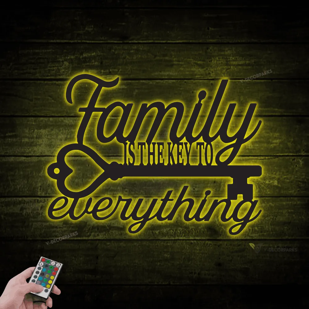 Family Is The Key To Everything, Custom Metal Sign With Led Lights, Metal Monogram, House Warming Gift, Metal Word Wall Art, Wall Decor, Family Sign