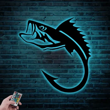 Fish Hook Fishing Metal Sign Led Lights, Hook Sign Home Decor Kid Boy Girl Nursery Decoration Fisher Housewarming Christmas Birthday Gift