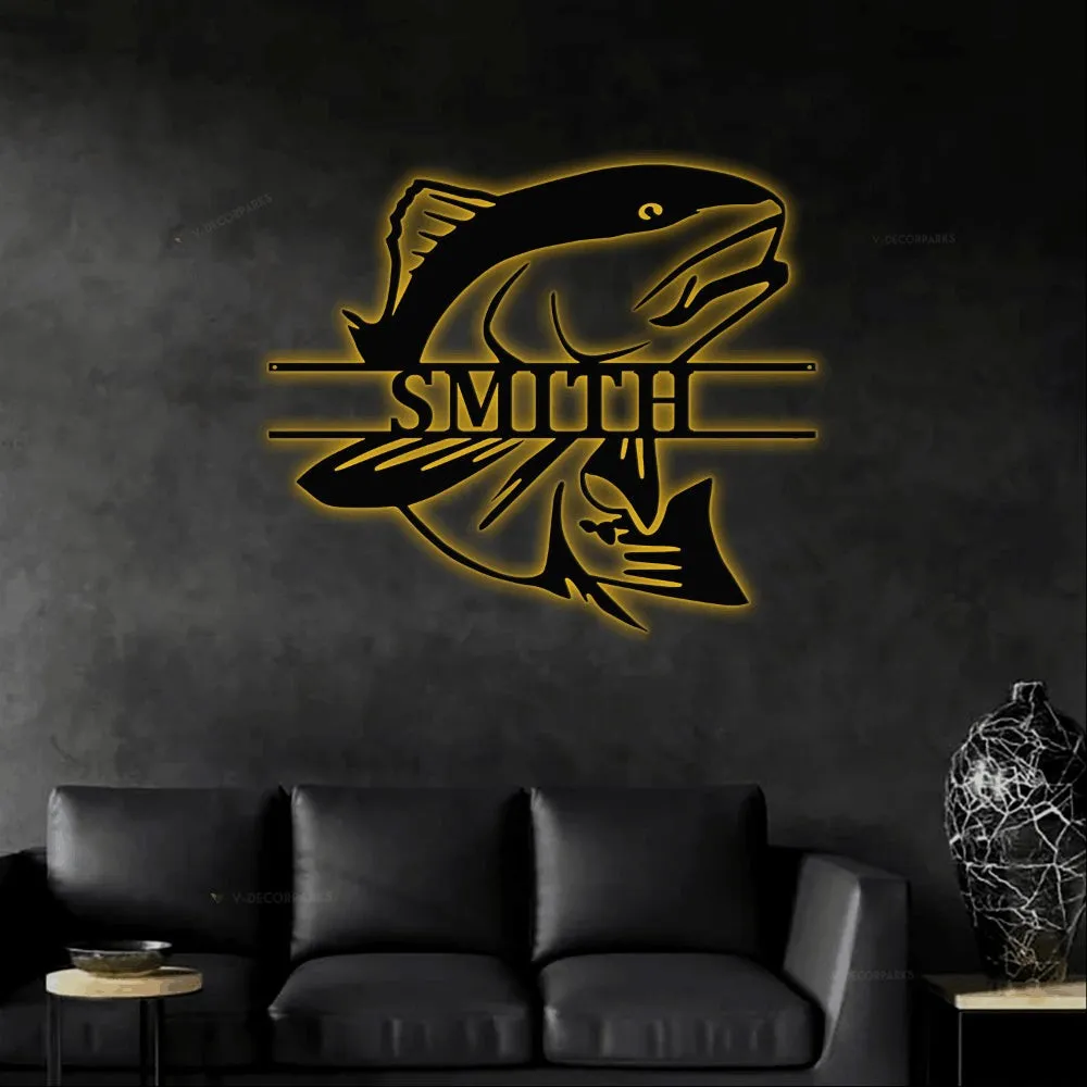 Fish Monogram Sign With Led Lights, Custom Fish Sign, Redfish Sign, Personalized Fish Sign, Man Cave Art, Camp Decor, Fishing Dad Gift