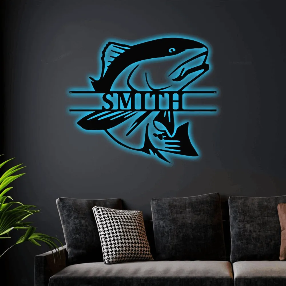 Fish Monogram Sign With Led Lights, Custom Fish Sign, Redfish Sign, Personalized Fish Sign, Man Cave Art, Camp Decor, Fishing Dad Gift