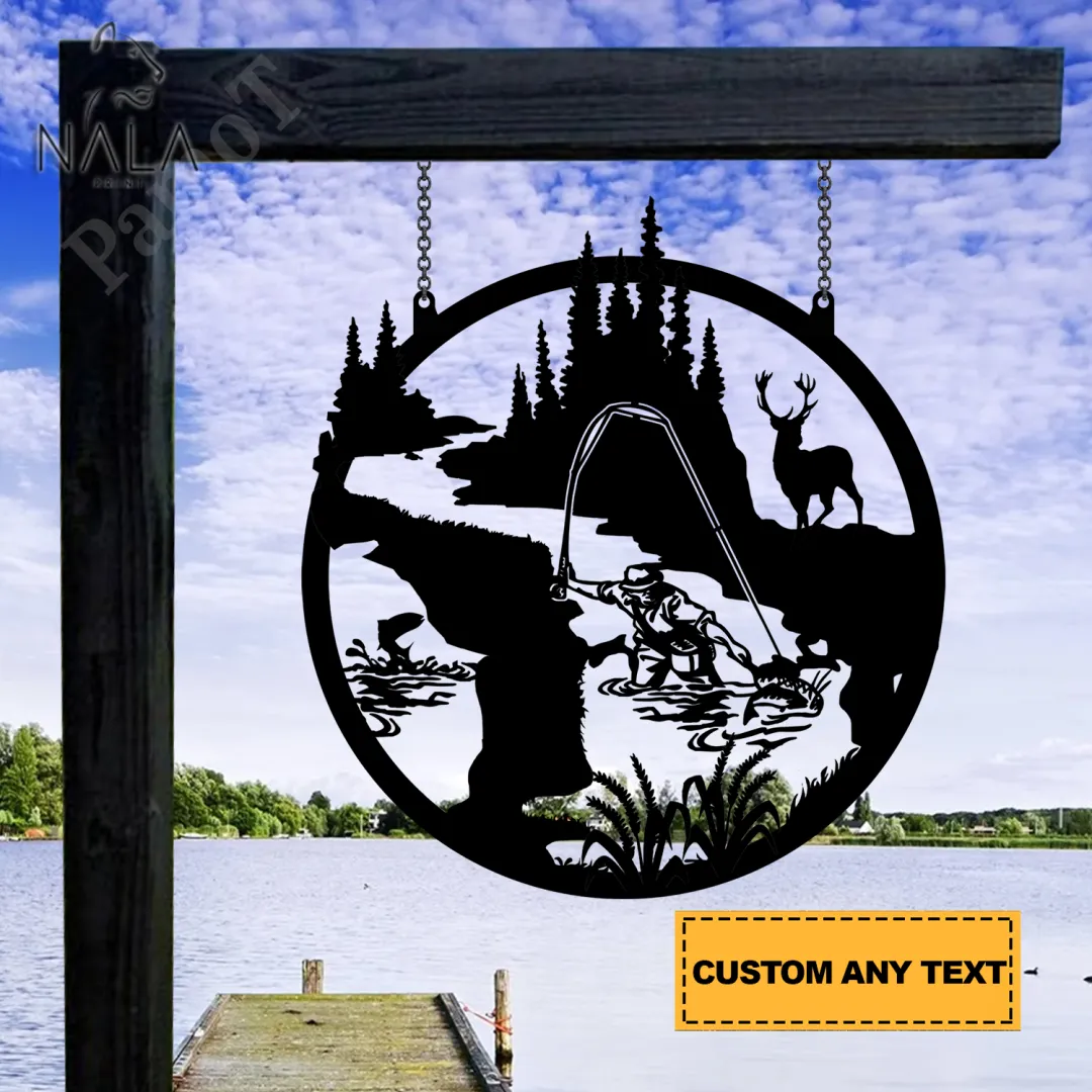 Fish-metal10.2_a32e78ea-a404-4584-91b2-f0fff9142935.webp Man Catching Fish Forest Scence Cut Metal Sign, Fishing Gate Hanging Decoration, Garden Decor, Metal Hanging Sign