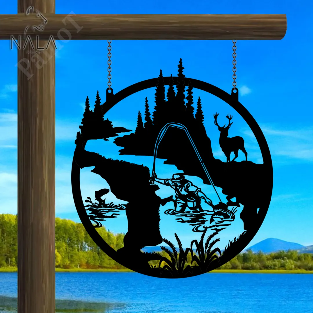 Fish-metal10.3_52b3392a-f14a-43c7-9b8a-b19dea0b3d8c.webp Man Catching Fish Forest Scence Cut Metal Sign, Fishing Gate Hanging Decoration, Garden Decor, Metal Hanging Sign