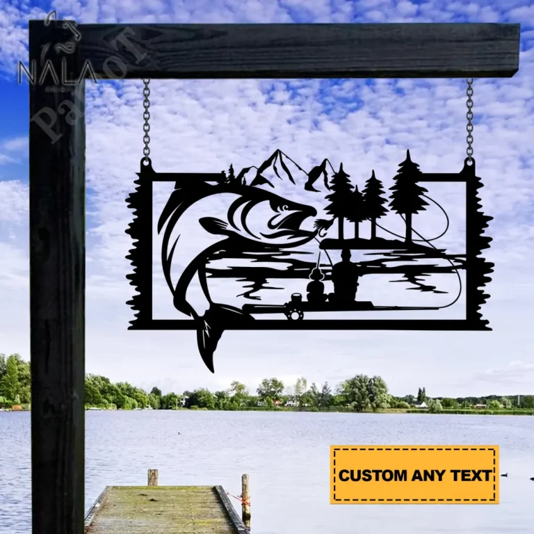 Father And Son Catching Fish Personalized Metal Sign, Family Fishing Gate Decor, Custom Metal Hanging Sign, Gift For Father's Day