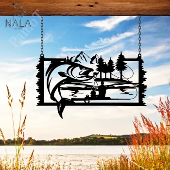 Father And Son Catching Fish Personalized Metal Sign, Family Fishing Gate Decor, Custom Metal Hanging Sign, Gift For Father's Day