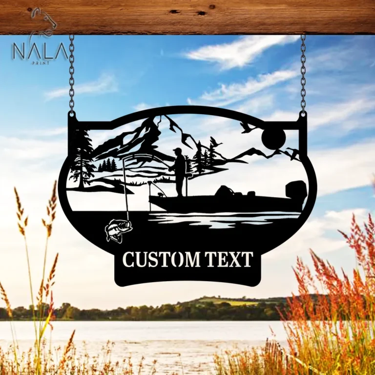 Custom Catching Fish Mountain Landscape Cut Metal Sign, Fishing Metal Decor, Garden Hanging Sign Decoration, Gift For Fishing Lovers