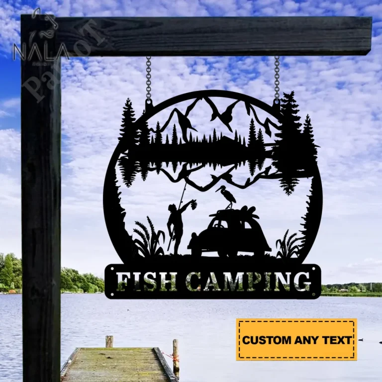 Custom Fishing Camping Country Scene Metal Sign, Fishing Gate Decoration, Personalized Metal Hanging Sign Decor