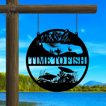 Custom Time To Fish Lake Scene Hanging Sign Decor, Fishing Metal Sign, Fishing Gate Decoration, Gift For Father's Day