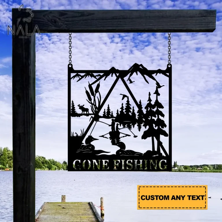 Father And Son Gone Fishing Lake Scene Custom Metal Sign, Family Fishing Gate Decor, Fishing Metal Hanging Sign, Gift For Dad